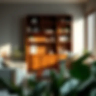 Elegant wooden shelf unit in a modern living room