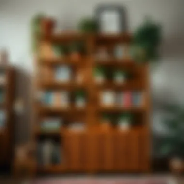 Vintage-style shelf unit filled with books and plants