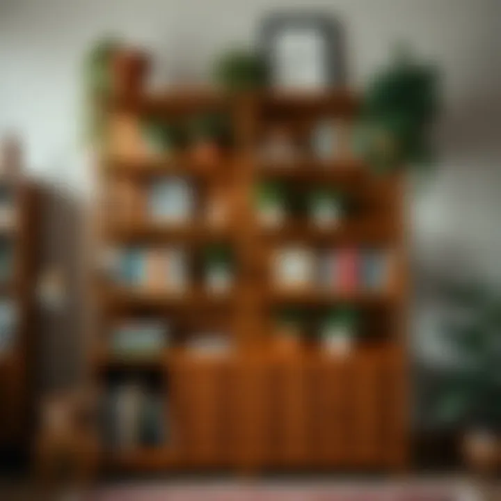 Vintage-style shelf unit filled with books and plants