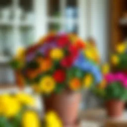 A beautifully arranged 12 inch potting container filled with vibrant flowers