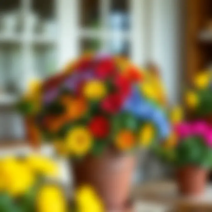 A beautifully arranged 12 inch potting container filled with vibrant flowers