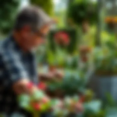 A gardener selecting plants for a 12 inch potting container in a lush garden