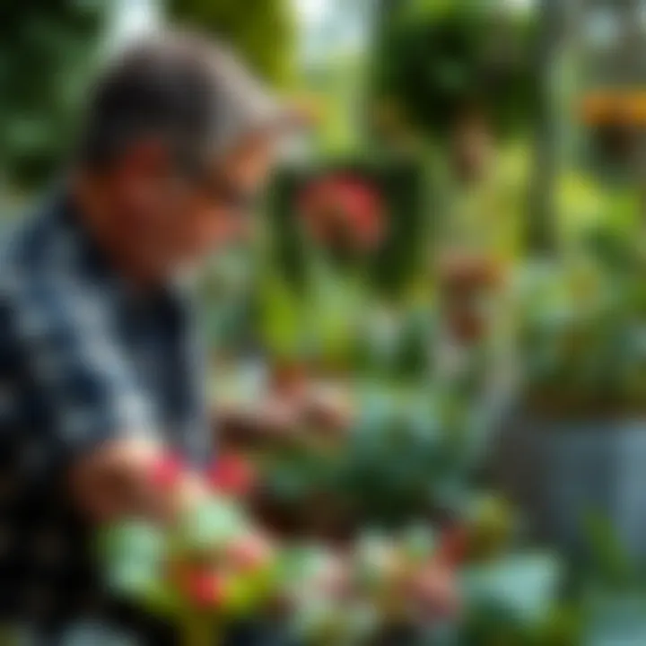 A gardener selecting plants for a 12 inch potting container in a lush garden