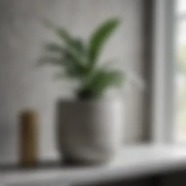 Modern Shelf Decor with Concrete Look Pot Stylish concrete look pot on a modern shelf.