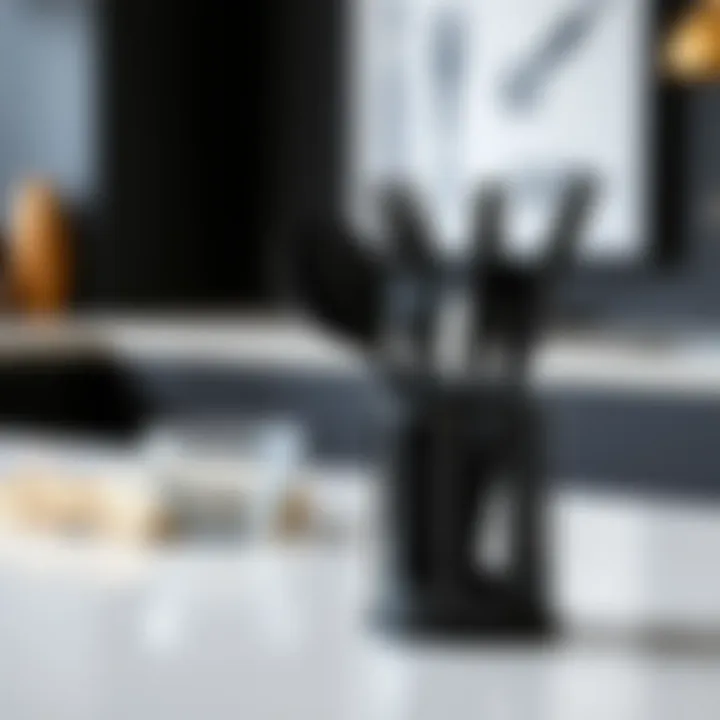 A modern black utensil set displayed elegantly