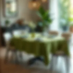 Elegant green leaf table cloth enhancing dining aesthetics