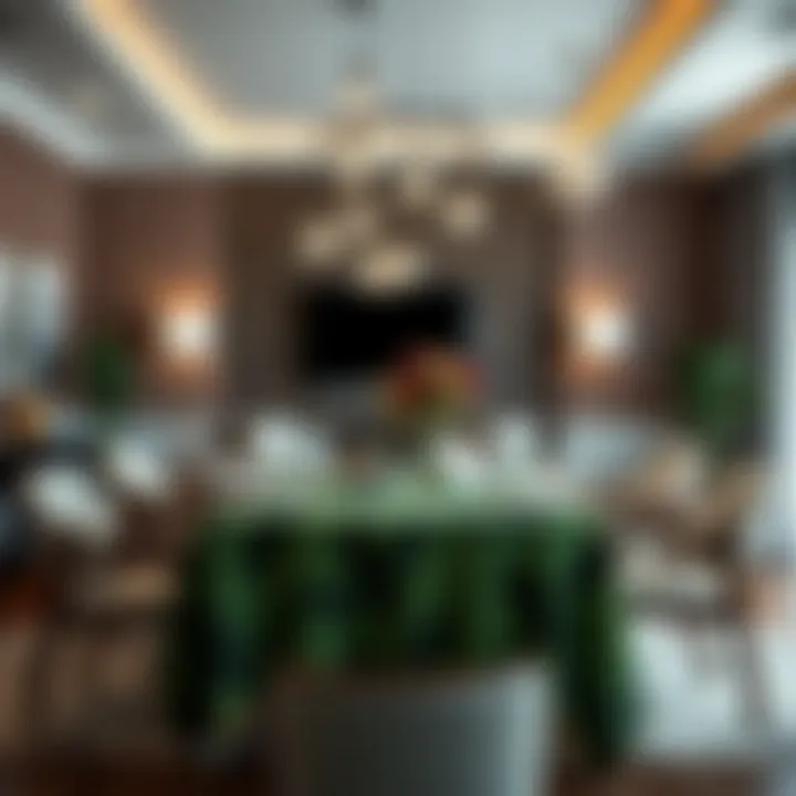 Stylish living room showcasing green leaf table cloth