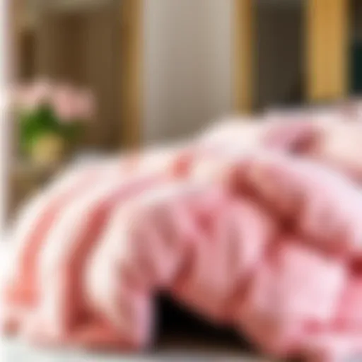 Luxurious pink furry comforter draped elegantly over a bed