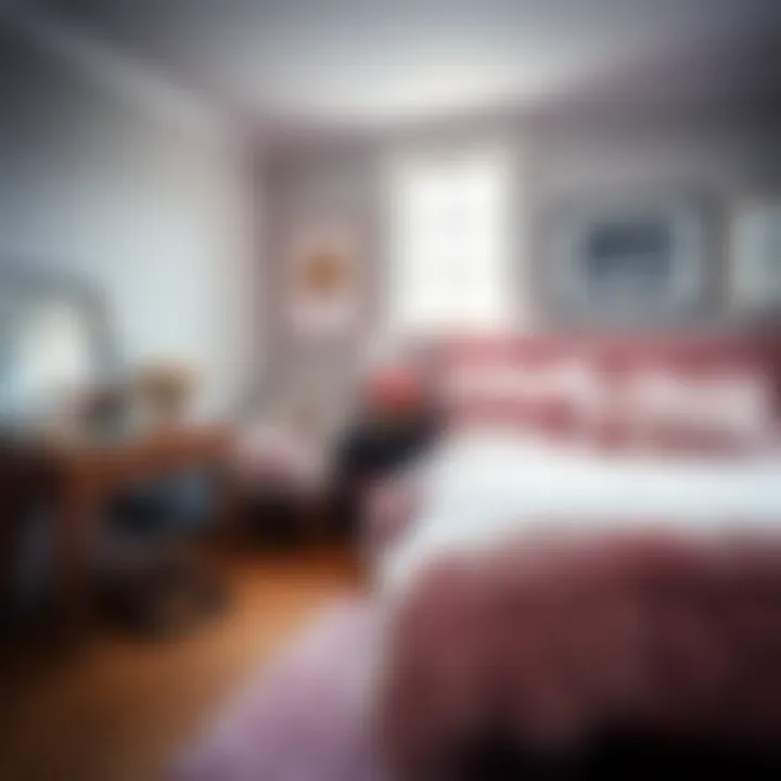 Stylish bedroom featuring pink furry comforter with modern decor