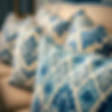 Close-up of intricate patterns on blue and white euro pillows