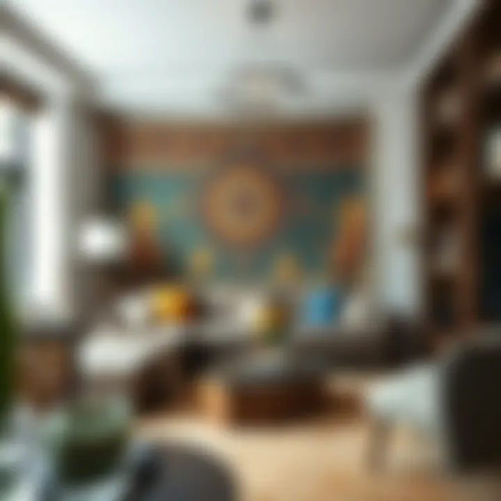 A modern living space adorned with colorful tapestry wall art
