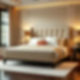 Elegant beige upholstered queen bed frame showcasing modern design.