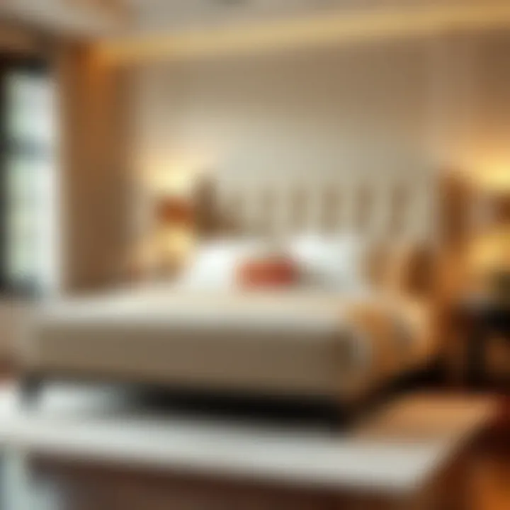 Elegant beige upholstered queen bed frame showcasing modern design.