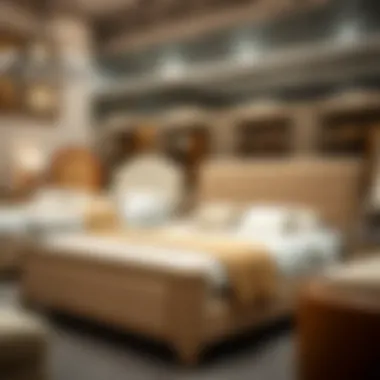 Various styles of beige queen bed frames displayed in a showroom.