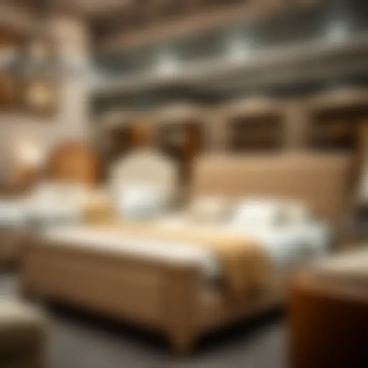 Various styles of beige queen bed frames displayed in a showroom.