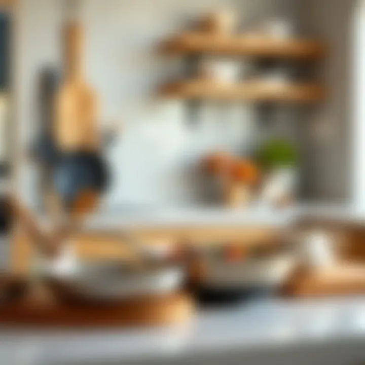 A kitchen setting with a stylish non-stick wok prominently displayed alongside modern utensils