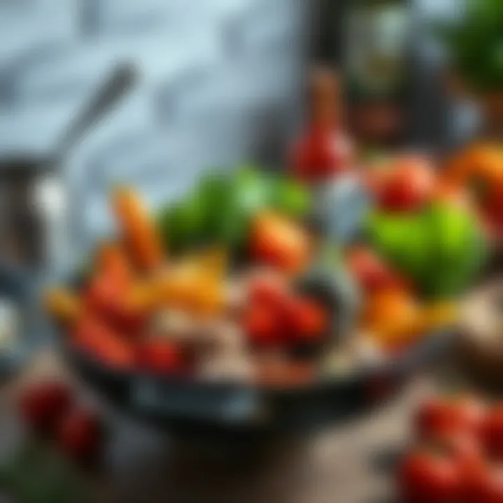 An array of vibrant vegetables and proteins artfully arranged in a non-stick wok