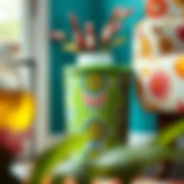 Colorful patterned trash can complementing bright home decor