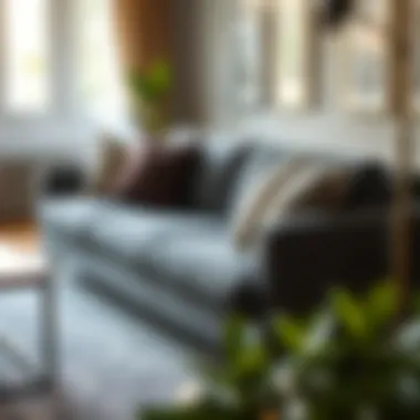 Deep seat grey sofa styled with decorative cushions