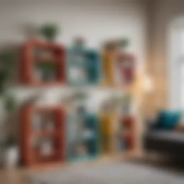 Creative arrangement of colorful box storage racks in a living room