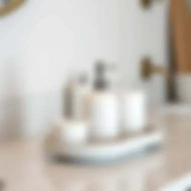Minimalist white soap dispenser and tray on a marble countertop