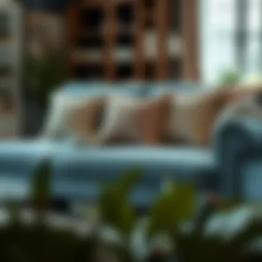 Cozy light blue sleeper sofa styled with decorative pillows