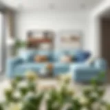 Elegant light blue sleeper sofa in a modern living room setting