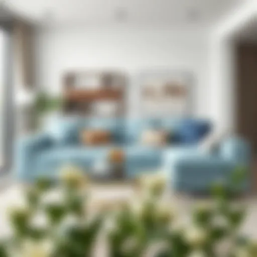 Elegant light blue sleeper sofa in a modern living room setting