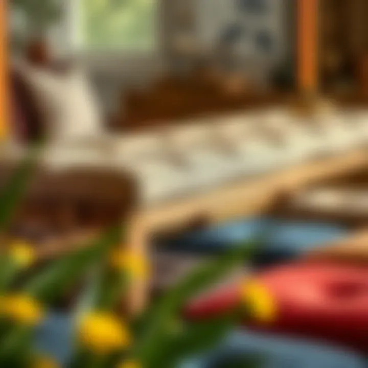 Variety of cushion colors on oak dining benches