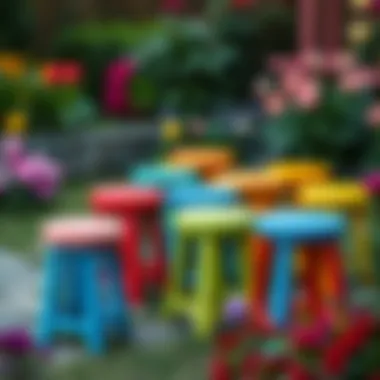 Colorful 20 inch garden stools arranged in a vibrant garden