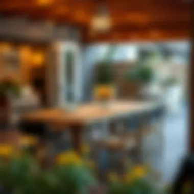 Expandable wood patio table displayed in a cozy outdoor dining setting