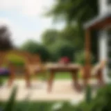 Elegant expandable wood patio table set in a garden