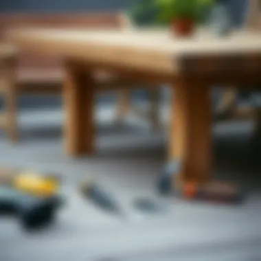 Maintenance tools laid out next to a wood patio table