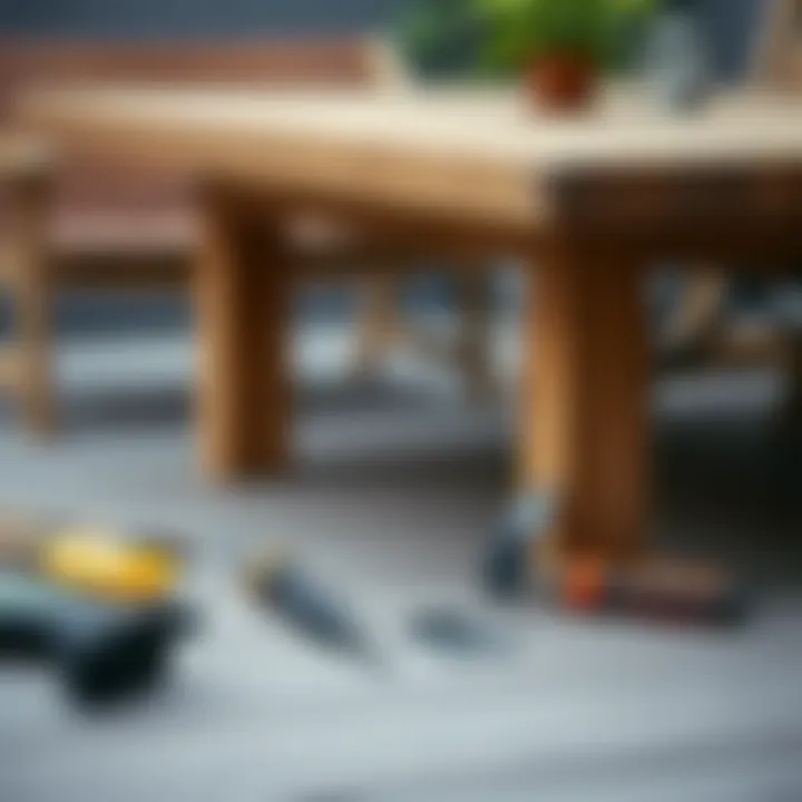 Maintenance tools laid out next to a wood patio table