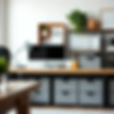 Organized workspace featuring grey storage bins with drawers