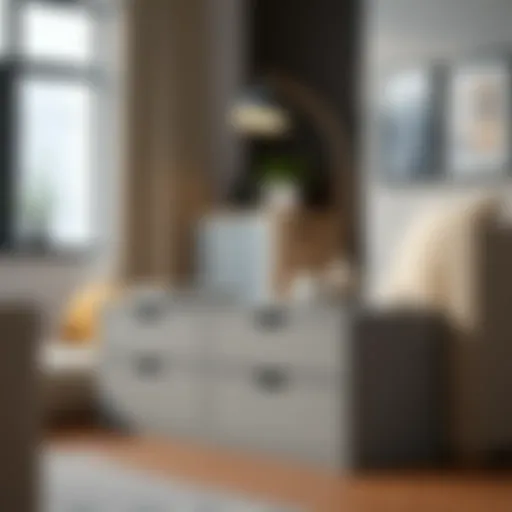 Stylish grey storage bin with drawers in a modern living room setting