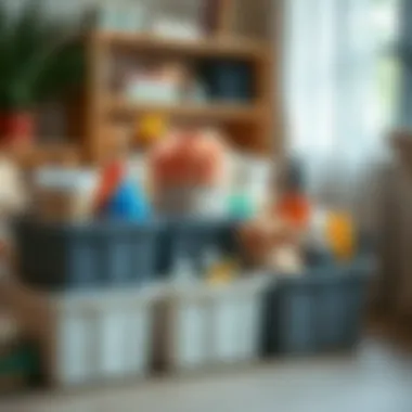 Long shallow storage bins organized with various household items