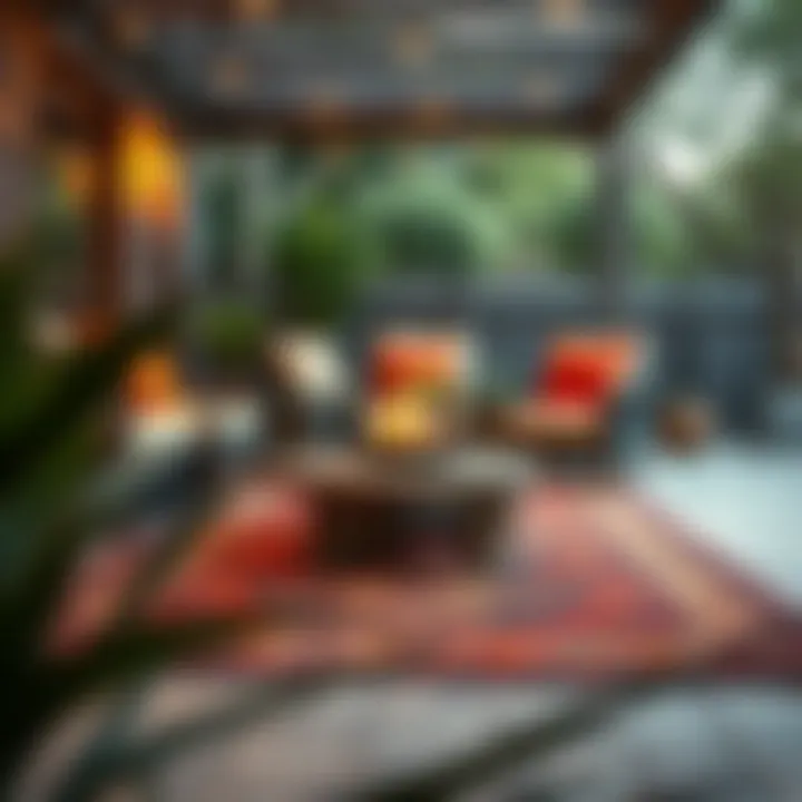 A vibrant outdoor patio adorned with a colorful weather-resistant rug.