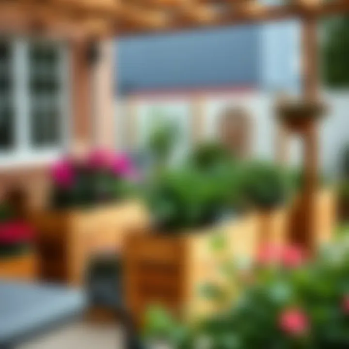 Stylish wooden outside plant boxes on a patio