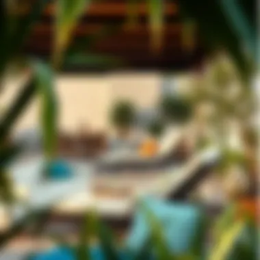 Trendy outdoor space showcasing chaise lounges and accessories