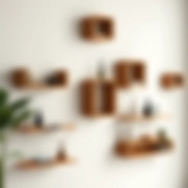 Modern wooden wall shelves displaying decorative items