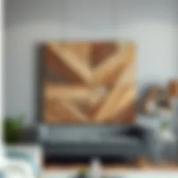 A rustic wooden wall art piece featuring geometric patterns