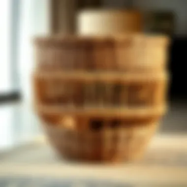 Close-up of handcrafted details in a three-tier rattan basket demonstrating its artisanal quality