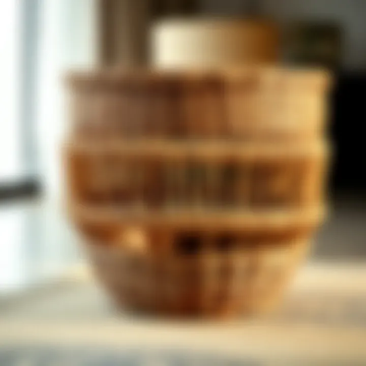 Close-up of handcrafted details in a three-tier rattan basket demonstrating its artisanal quality