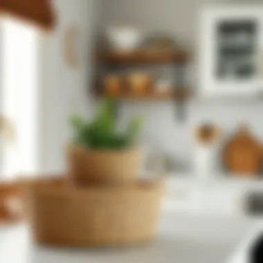 Stylish three-tier rattan basket used as a decorative element in a modern kitchen