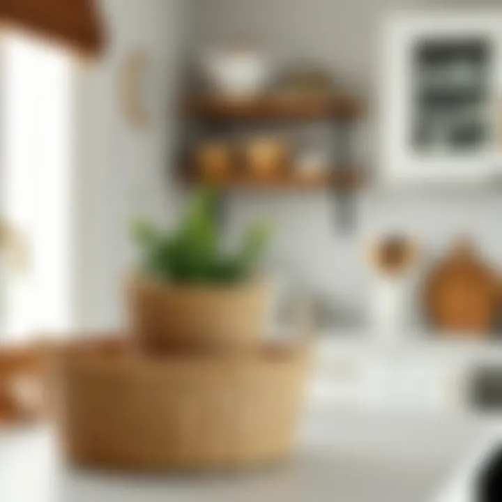 Stylish three-tier rattan basket used as a decorative element in a modern kitchen