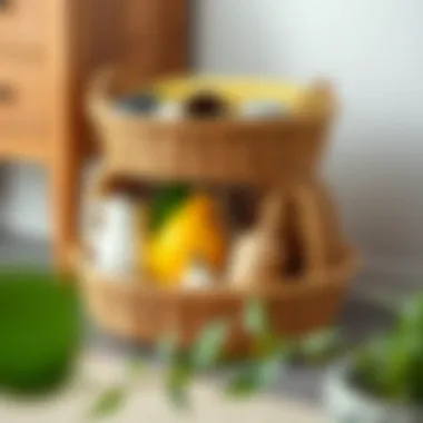 Three-tier rattan basket filled with various items, illustrating its practicality and storage capabilities