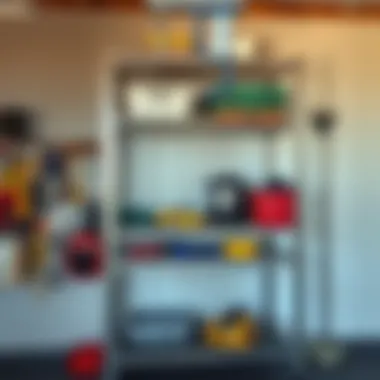 Wire shelving unit in a garage for tools