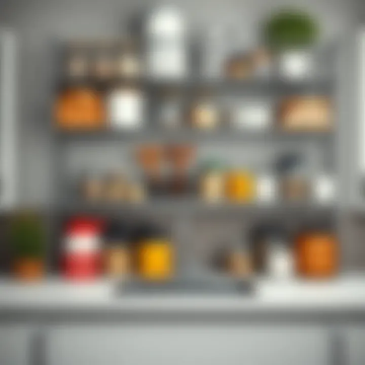 Wire shelving displaying organized kitchen essentials