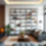 Stylish wire shelving in a modern living room